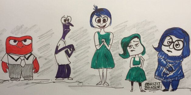 Inside Out depicts human emotions as humans. From Left to Right: Anger, Fear, Joy, Disgust and Sadness
