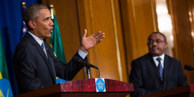 President Barack Obama speaks during a joint news conference with Ethiopian Prime Minister Hailemariam Desalegn, , on Monday, July 27, 2015, at the National Palace in Addis Ababa. Obama is the first sitting U.S. president to visit Ethiopia. (AP Photo/Evan Vucci)