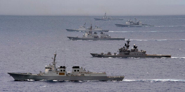 PACIFIC OCEAN (Aug. 7, 2012) A formation of ships from the U.S. Navy, U.S. Coast Guard, Japan Maritime Self-Defense Force, an