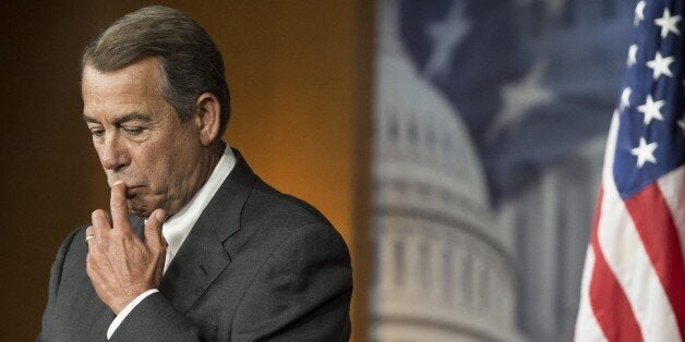 US Speaker of the House John Boehner speaks during a press conference on Capitol Hill in Washington, DC, September 10, 2015. AFP PHOTO / SAUL LOEB (Photo credit should read SAUL LOEB/AFP/Getty Images)