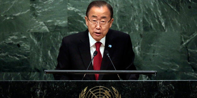 U.N. Secretary General Ban Ki-moon addresses the 70th session of the United Nations General Assembly, Monday, Sept. 28, 2015. (AP Photo/Richard Drew)