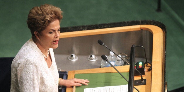 NEW YORK, NY - SEPTEMBER 28: President of Brazil Ms. Dilma Rousseff addresses the United Nations General Assembly on September 28, 2015 in New York City. (Photo by Steve Sands/WireImage)