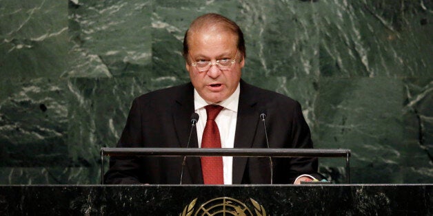 Pakistan's Prime Minister Muhammad Nawaz Sharif addresses the 70th session of the United Nations General Assembly, at U.N. Headquarters, Wednesday, Sept. 30, 2015. (AP Photo/Richard Drew)