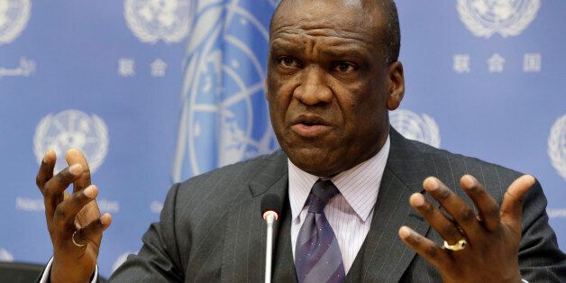 Ambassador John Ashe, of Antigua and Barbuda, the President of the General Assembly 68th session, speaks during a news conference at United Nations headquarters, Tuesday, Sept. 17, 2013. (AP Photo/Richard Drew)