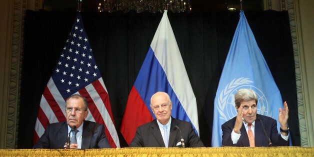 Russian Foreign Minister Sergey Lavrov, left, UN Special Envoy for Syria Staffan de Mistura and U.S. Secretary of State John Kerry, right, speake during a press conference after a meeting in Vienna, Austria, Friday, Oct 30, 2015. The United States, Russia, Iran and more than a dozen other nations agreed Friday to launch a new peace effort involving Syria's government and opposition groups, but carefully avoided any determination on when President Bashar Assad might leave power â perhaps the most intractable dispute of the conflict. (AP Photo/Ronald Zak)