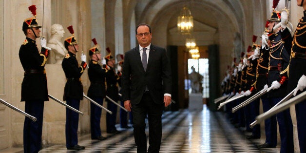French President Francois Hollande arrives to deliver a speech at the Versailles castle, west of Paris, Monday, Nov.16, 2015.