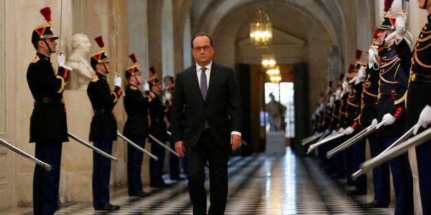 French President Francois Hollande arrives to deliver a speech at the Versailles castle, west of Paris, Monday, Nov.16, 2015. French President Francois Hollande is addressing parliament about France's response to the Paris attacks, in a rare speech to lawmakers gathered in the majestic congress room of the Palace of Versailles. (AP Photo/Michel Euler)