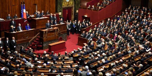 French President Francois Hollande delivers a speech at the Versailles castle, west of Paris, Monday, Nov.16, 2015. French President Francois Hollande is addressing parliament about France's response to the Paris attacks, in a rare speech to lawmakers gathered in the majestic congress room of the Palace of Versailles. (Eric Feferberg, Pool via AP)