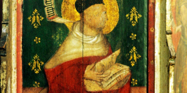 Castle Acre medieval pulpit painting, St. Augustine of Hippo, 15th century, one of the Four Doctors of the Latin Church