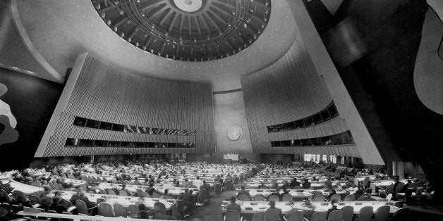 Interior of a conference hall, United Nations Building, New York City, New York State, USA