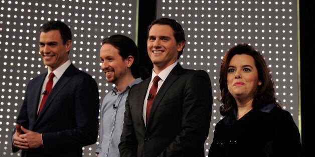 MADRID, SPAIN - DECEMBER 07: From L to R party leaders Pedro Sanchez of the PSOE socialist party, Pablo Iglesias of Podemos,