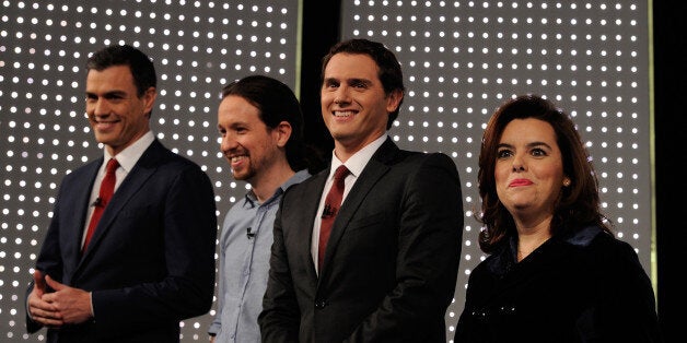 MADRID, SPAIN - DECEMBER 07: From L to R party leaders Pedro Sanchez of the PSOE socialist party, Pablo Iglesias of Podemos, Albert Rivera of Ciudadanos and Vice-President Soraya Saenz de Santamaria of the ruling Popular Party pose for photographers before the start their television debate at Atresmedia studios on December 7, 2015 in Madrid, Spain. Spain goes to the polls on December 20, 2015 in general elections to elect 350 members of parliament and 208 senators. (Photo by Denis Doyle/Getty Images)