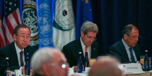 NEW YORK, NY - DECEMBER 18 : Secretary-General Ban Ki-moon (L), Secretary of State John Kerry (C), Russian Foreign Minister Sergey Lavrov (R) and other leaders attend the 'International Syria Support Group' meeting at New York's Palace Hotel on December 18, 2015. (Photo by Cem Ozdel/Anadolu Agency/Getty Images)