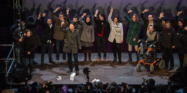 BARCELONA, SPAIN - DECEMBER 21: Podemos (We Can) leaders acknowledge their supporters on December 21, 2015 in Madrid, Spain.