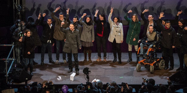 BARCELONA, SPAIN - DECEMBER 21: Podemos (We Can) leaders acknowledge their supporters on December 21, 2015 in Madrid, Spain. Spaniards went to the polls today to vote for 350 members of the parliament and 208 senators. For the first time since 1982, the two traditional Spanish political parties, right-wing Partido Popular (People's Party) and centre-left wing Partido Socialista Obrero Espanol PSOE (Spanish Socialist Workers' Party), held a tight election race with two new contenders, Ciudadanos (Citizens) and Podemos (We Can) attracting right-leaning and left-leaning voters respectively. (Photo by David Ramos/Getty Images)