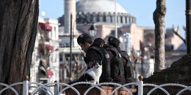 ISTANBUL, TURKEY - JANUARY 12: Turkish police secure the area after an explosion in the central Istanbul Sultanahmet distric
