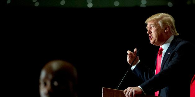 Republican presidential candidate Donald Trump speaks during a campaign event, Monday, Feb. 1, 2016, in Cedar Rapids, Iowa. (AP Photo/Mary Altaffer)