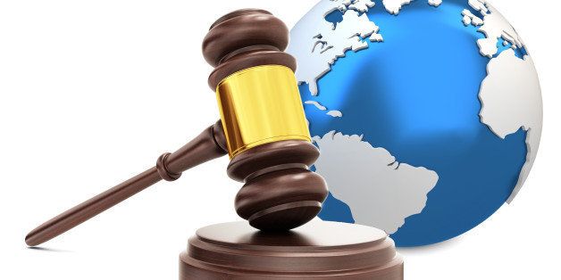 3d wooden judge gavel with earth globe on white background. (The world map is a 3d model built using this map as a reference