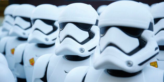 Over 100 JAKKS BIG-FIGS Stormtrooper action figures are seen as a part of an installation at The Americana at Brand for the opening of Star Wars: The Force Awakens, Thursday, Dec. 17, 2015, in Glendale, Calif. The new BIG-FIGS Stormtroopers, inspired by the latest Star Wars movie, are available now at all major retailers. (Photo by Danny Moloshok/Invision for JAKKS/AP Images)