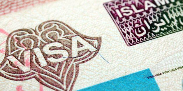 Close up of the text VISA on Iran visa stamp in passport