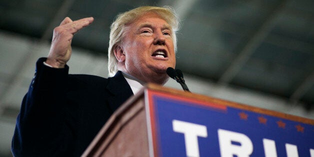 COLUMBUS, OH: Republican presidential candidate Donald Trump speaks at a rally held at Signature Flight Hangar in Columbus, Ohio on Tuesday, March 1, 2016. (Maddie McGarvey for The Washington Post via Getty Images)