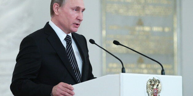 MOSCOW, RUSSIA. MARCH 17, 2016. Russian president Vladimir Putin speaks at an award ceremony in St George Hall of the Moscow