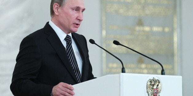 MOSCOW, RUSSIA. MARCH 17, 2016. Russian president Vladimir Putin speaks at an award ceremony in St George Hall of the Moscow Kremlin. The Russian president has awarded Russian servicemen and military industrial sector workers who took part in the 2015-2016 military operation in Syria. The military operation was conducted after an official request by the Syrian government. Mikhail Metzel/TASS (Photo by Mikhail Metzel\TASS via Getty Images)