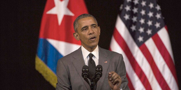 U.S. President Barack Obama delivers his speech at the Grand Theater of Havana, Tuesday, March 22, 2016. Obama who is in Cuba in a trailblazing trip said he came to Cuba to "bury the last remnant of the Cold War in the Americas.â (AP Photo/Desmond Boyland)