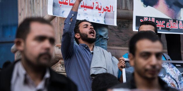 CAIRO, March 6, 2016 : A number of Egyptian political activists organize a sit-in at downtown Cairo's Journalists Syndicate calling for the release of revolutionary activists jailed by Egyptian police, Egypt, March 6, 2016. (Xinhua/Meng Tao via Getty Images)