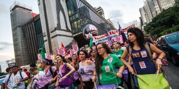 SAO PAULO, BRAZIL - APRIL 01: Thousands of people, dissatisfied with the current government, hold banners and posters during