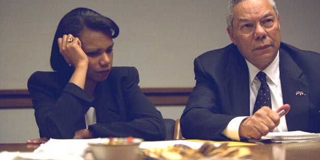 U.S. Secretary of State Colin Powell (R) and National Security Advisor Condoleezza Rice in the President's Emergency Operations Center in Washington in the hours following the September 11, 2001 attacks in this U.S. National Archives handout photo obtained by Reuters July 24, 2015. REUTERS/U.S. National Archives/Handout via Reuters (MILITARY POLITICS DISASTER) THIS IMAGE HAS BEEN SUPPLIED BY A THIRD PARTY. IT IS DISTRIBUTED, EXACTLY AS RECEIVED BY REUTERS, AS A SERVICE TO CLIENTS. FOR EDITORIAL USE ONLY. NOT FOR SALE FOR MARKETING OR ADVERTISING CAMPAIGNS