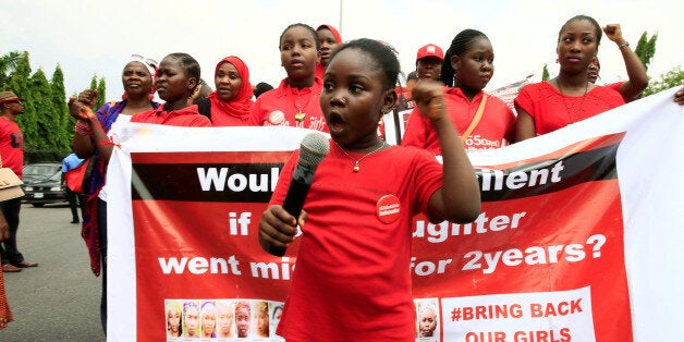 "Bring Back Our Girls" campaigner Christabell Ibrahim, 8, speaks during the media conference marking two years from the abduc
