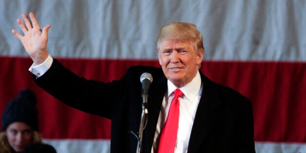 Republican presidential candidate Donald Trump speaks during a rally at JetSmart Aviation Services on Sunday, April 10, 2016, in Rochester, N.Y. (AP Photo/Mike Groll)