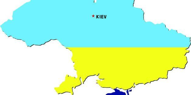 Map of Ukraine with a Russian flag over the contested area of Crimea.