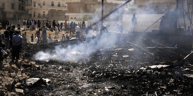 SANA, YEMEN - FEBRUARY 14: A destroyed building is seen as Saudi-led coalition forces conduct airstrike to a building at Siraton neighborhood in Sana, capital city of Yemen, on February 14, 2016. (Photo by Mohammed Hamoud/Anadolu Agency/Getty Images)