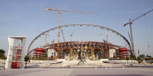 A view of the construction work at the Khalifa International Stadium in Doha, Qatar, March 26, 2016. Workers in Qatar renovat