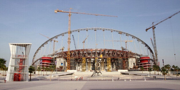 A view of the construction work at the Khalifa International Stadium in Doha, Qatar, March 26, 2016. Workers in Qatar renovating a 2022 World Cup stadium have suffered human rights abuses two years after the tournament's organisers drafted worker welfare standards in the wake of criticism, Amnesty International said. REUTERS/Naseem Zeitoon 