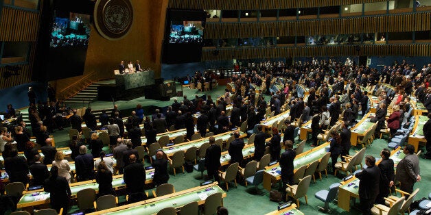 UNITED NATIONS, April 19, 2106 -- Photo taken on April 19, 2016 shows delegates observe a minute of silence during the opening ceremony of UN General Assembly high-level special session on the world drug problem to discuss how to fight against illicit drug use at the UN headquarters in New York. (Xinhua/Li Muzi via Getty Images)