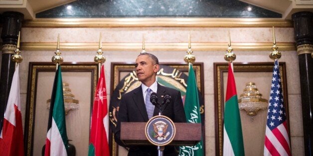 US President Barack Obama delivers a speech following a US-Gulf Cooperation Council Summit in Riyadh, on April 21, 2016. US President Barack Obama pledged unity with Gulf states in the fight against jihadists, and backed his allies' concerns about Iran, emphasising cooperation despite tensions in Gulf-US ties. / AFP / Jim Watson (Photo credit should read JIM WATSON/AFP/Getty Images)