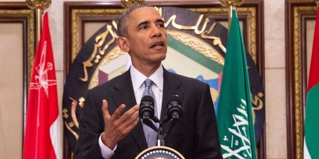 US President Barack Obama delivers a speech following a US-Gulf Cooperation Council Summit in Riyadh, on April 21, 2016.Despite concerns about Iran's behaviour, neither the US nor Gulf states wish for conflict with the Shiite nation, Obama said. 'None of our nations have an interest in conflict with Iran,' he said at the close of a meeting in the Saudi capital with the six-nation Gulf Cooperation Council. / AFP / Jim Watson (Photo credit should read JIM WATSON/AFP/Getty Images)