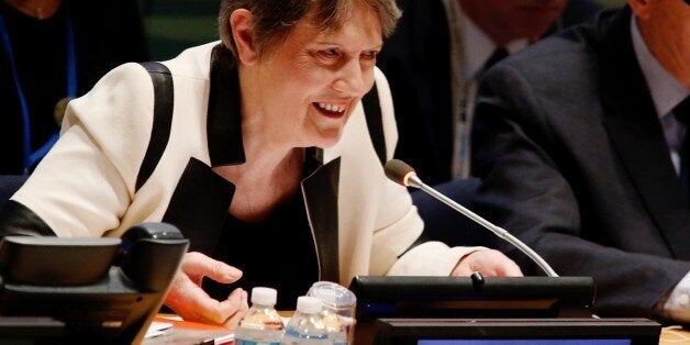 NEW YORK, NY - APRIL 14: Former New Zealand Prime Minister Helen Clark speaks during a series of meetings with candidates vy