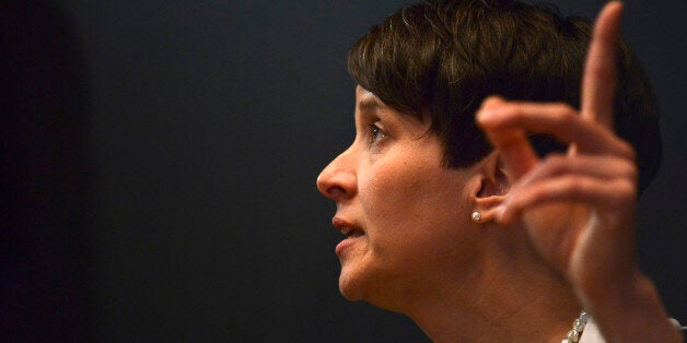 Frauke Petry gestures during a party congress of the German right wing party AfD (Alternative fuer Deutschland) at the Stuttgart Congress Centre ICS on May 1, 2016 in Stuttgart, southern Germany. / AFP / Philipp GUELLAND (Photo credit should read PHILIPP GUELLAND/AFP/Getty Images)