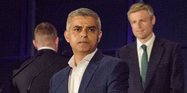 Sadiq Khan, the new London Mayor, at the results announcement in London's City Hall, May 07, 2016. L-R (back to Khan) Paul Golding Britain First, Sadiq Khan Labour, Zac Goldsmith Conservative. CAP/CAM Â©CAM/Capital Pictures /MediaPunch ***NORTH AMERICAN AND SOUTH AMERICAN SALES ONLY***/IPX