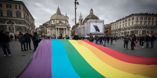 ROME, ITALY - 2016/03/06: Piazza del Popolo in Rome, Italy. Supporters of LGBT associations take part in a protest in central Rome against the bill on civil union which was approved recently by the Italian Senate. (Photo by Andrea Ronchini/Pacific Press/LightRocket via Getty Images)