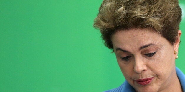 Brazil's President Dilma Rousseff reacts during a news conference at Planalto Palace in Brasilia, Brazil, April 18, 2016. REU