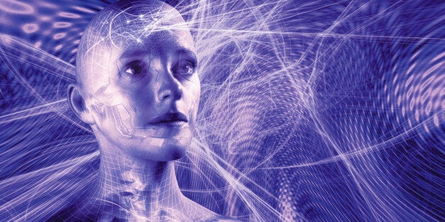 Woman surrounded by network of grids and lines(Digital Composite)