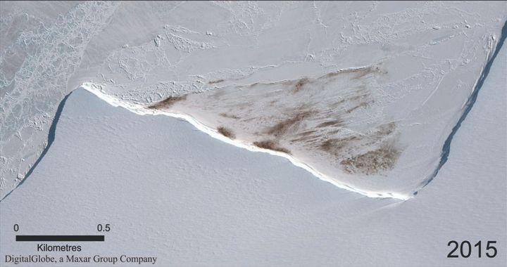 Satellite imagery showing the reduction in size of the Halley Bay colony in 2018 compared with 2015. The dark markings show penguin guano, and the very dense patches are the penguins themselves