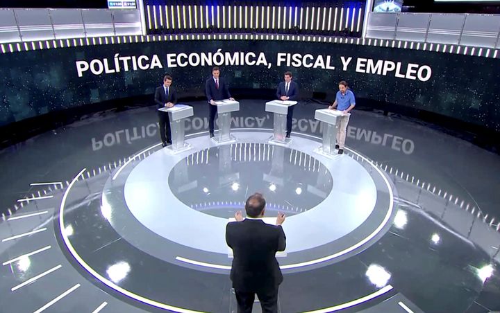 Candidates for Spanish general elections People's Party (PP) Pablo Casado, Spanish Prime Minister and Socialist Workers' Party (PSOE) Pedro Sanchez, Ciudadanos' Albert Rivera and Unidas Podemos' Pablo Iglesias attend a televised debate ahead of general elections.