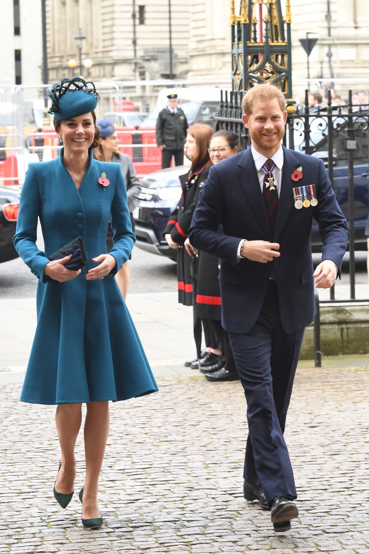 The Duchess of Cambridge and Prince Harry attend a service of commemoration and thanksgiving to mark Anzac Day in Westminster Abbey in London on Thursday.