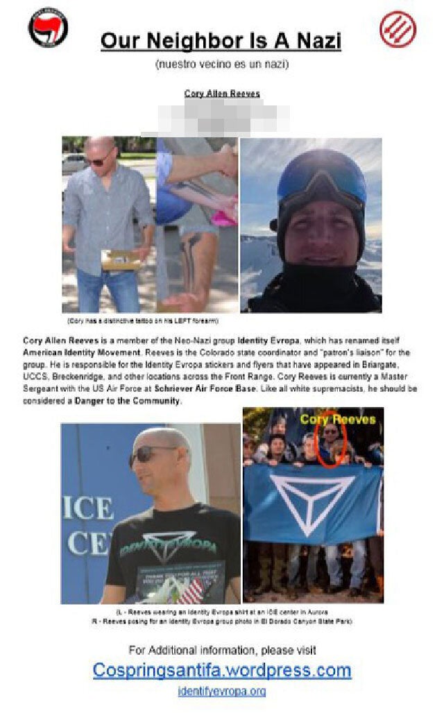 An anti-fascist poster warning Colorado Springs residents that their neighbor is a white